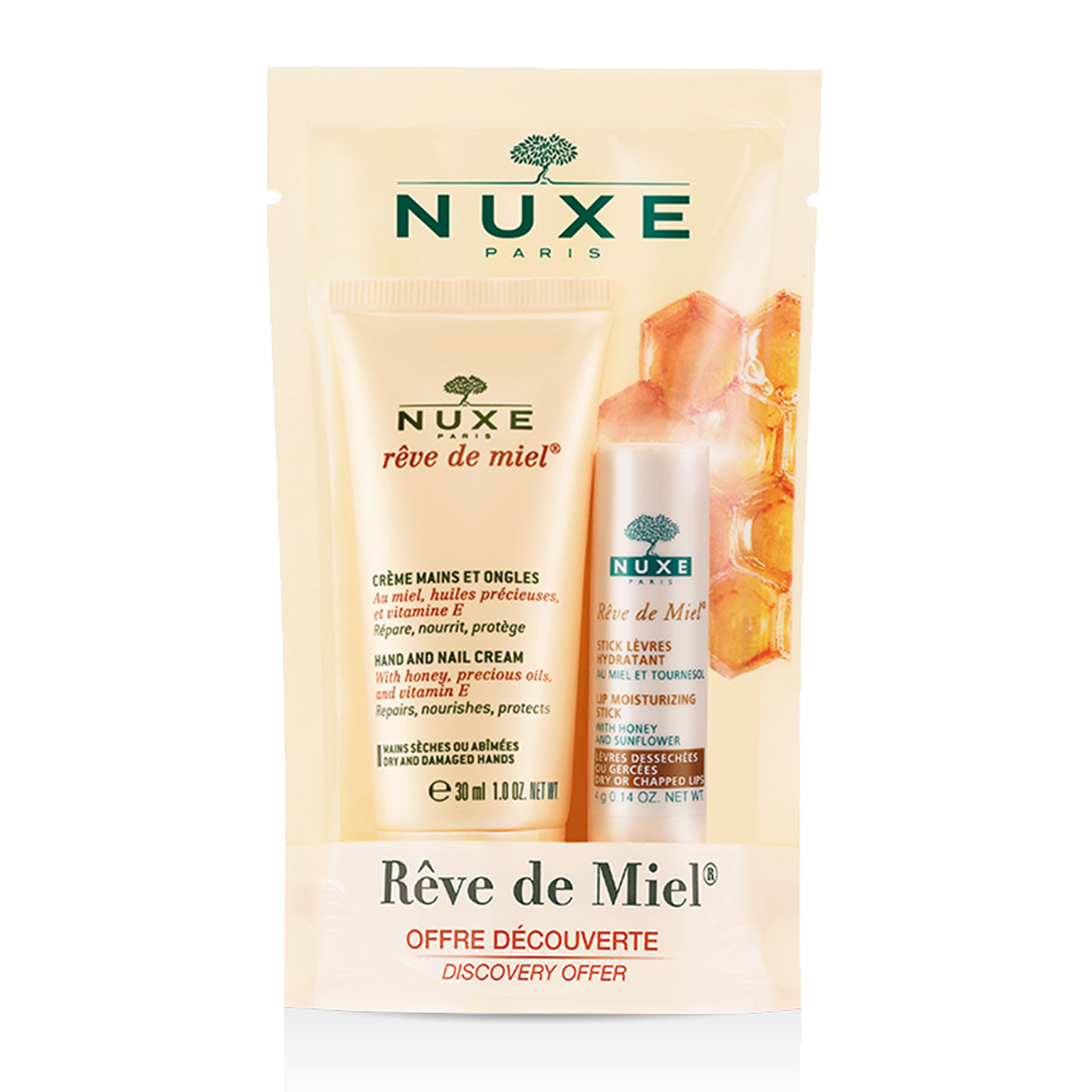 NUXE 欧树 蜂蜜护理两件套装 手部指甲霜30ml+唇膏4g