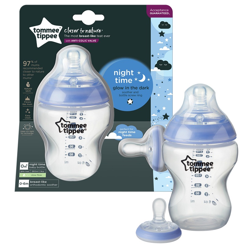 Tommee Tippee Closer To Nature Night Time Glow Bottle & Breast-Like Soother