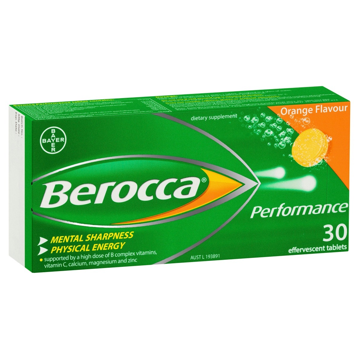 Berocca Performance 拜维佳维生素B+C+钙镁锌水溶泡腾片(香橙味) 30片